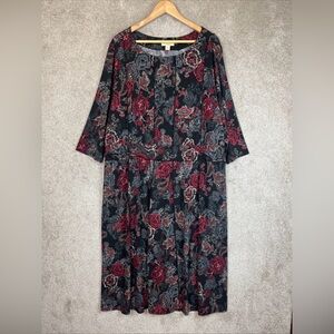 Appleseed’s Dress Womens 2X Black Floral 3/4 Sleeve Stretch Midi Pullover- 2089*